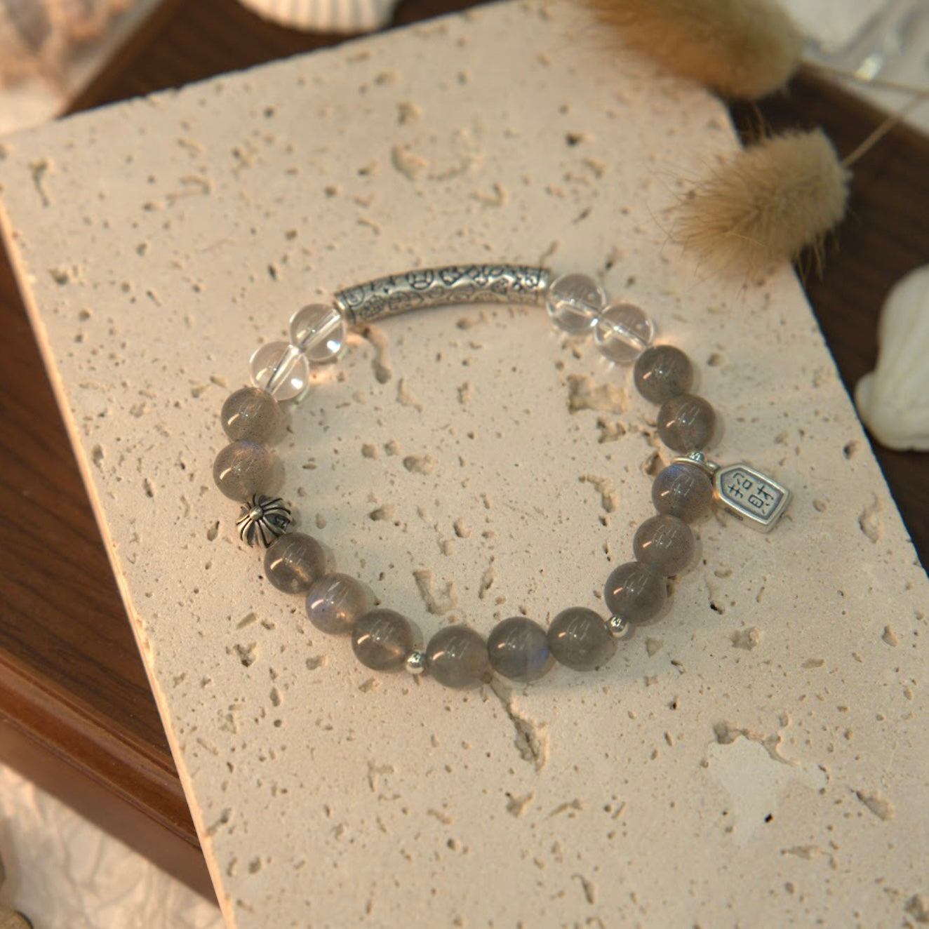 Grey Moonstone, Clear Quartz & 925 Sterling Silver Bracelet - Lunar Clarity