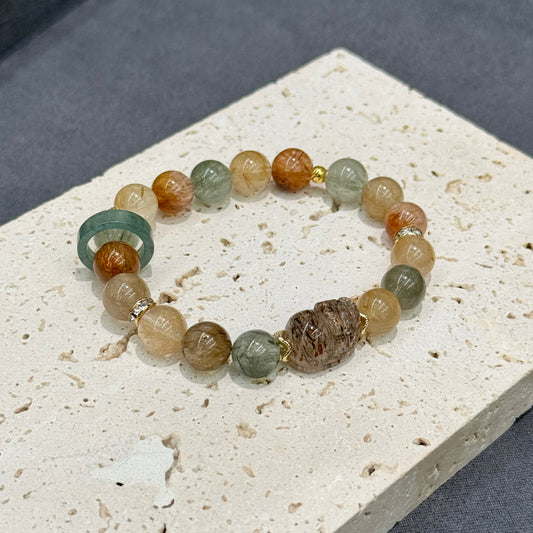 Black Gold Super Seven Quartz (Pixiu), Rutilated Quartz, Blue Jade - Fortune Guardian