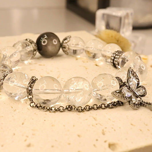 Silver Obsidian & Clear Quartz Bracelet - Celestial Mirror