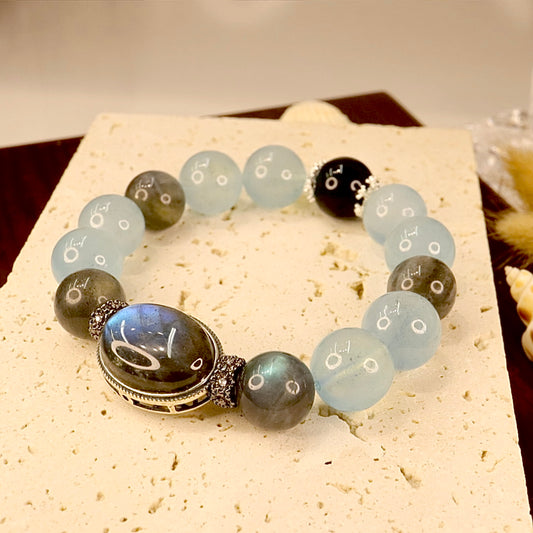Aquamarine & Gray Moonstone Bracelet - Lunar Tide Keeper Cuff