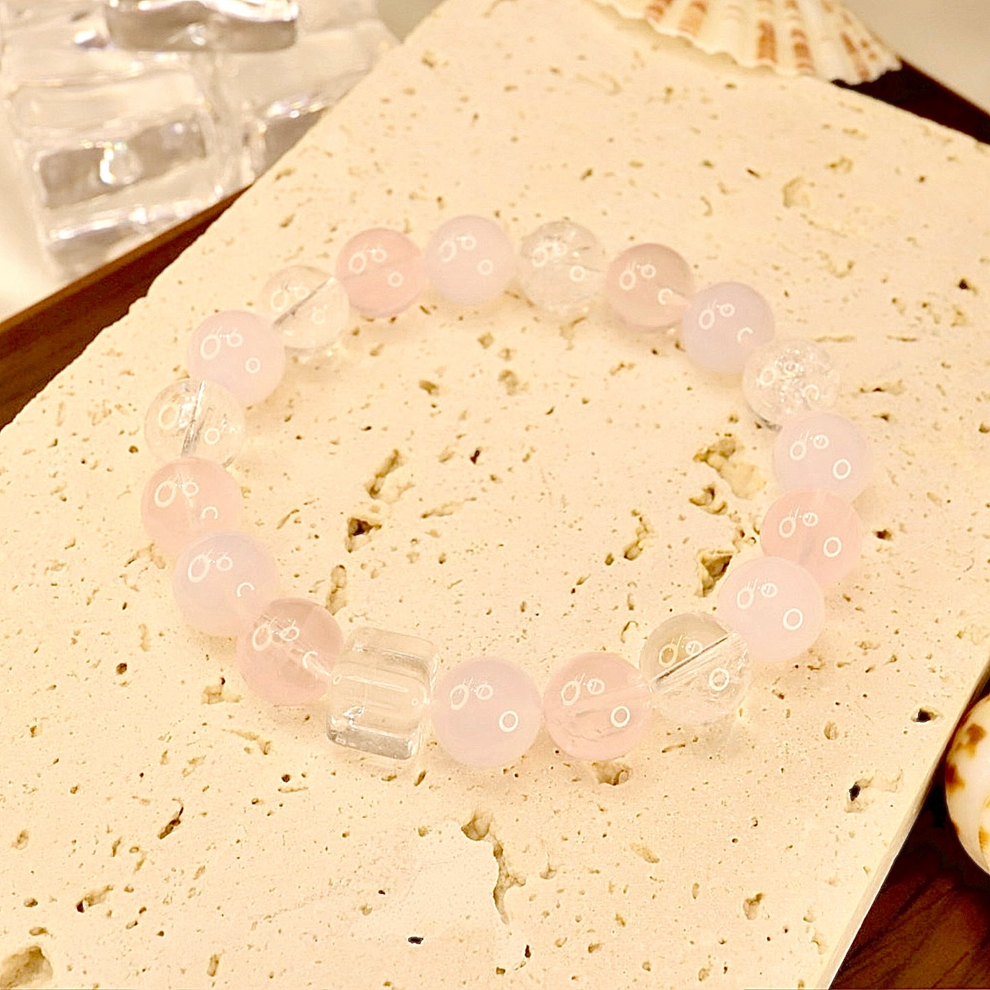 Rose Quartz, Agate & Azeztulite Bracelet - Pink-Blue Lumina