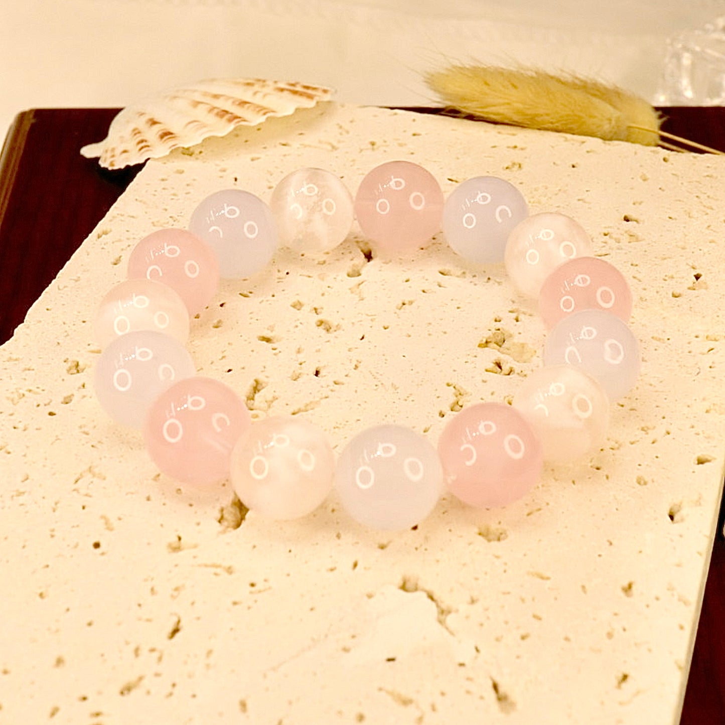 Rose Quartz, Snow Phantom Quartz & Agate Bracelet - Winter Blossom