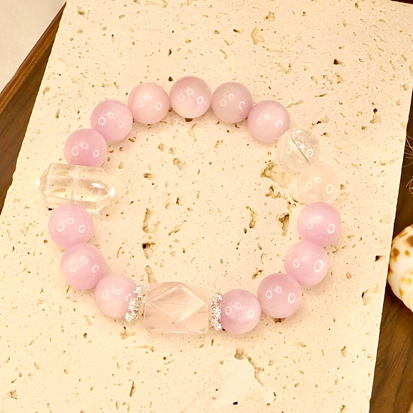 Kunzite, Rose Quartz, Clear & Pantheon Quartz Bracelet - Serenity Blossom