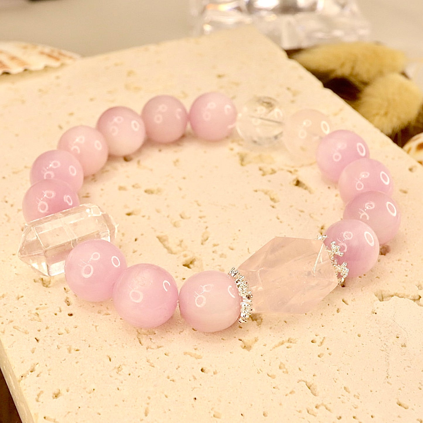 Kunzite, Rose Quartz, Clear & Pantheon Quartz Bracelet - Serenity Blossom