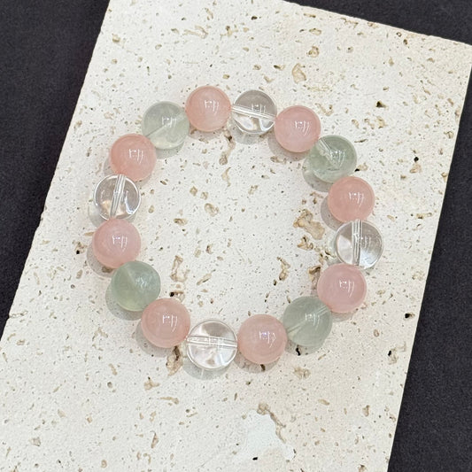 Rose Quartz, Green Fluorite & Clear Quartz Bracelet - Sakura Spring