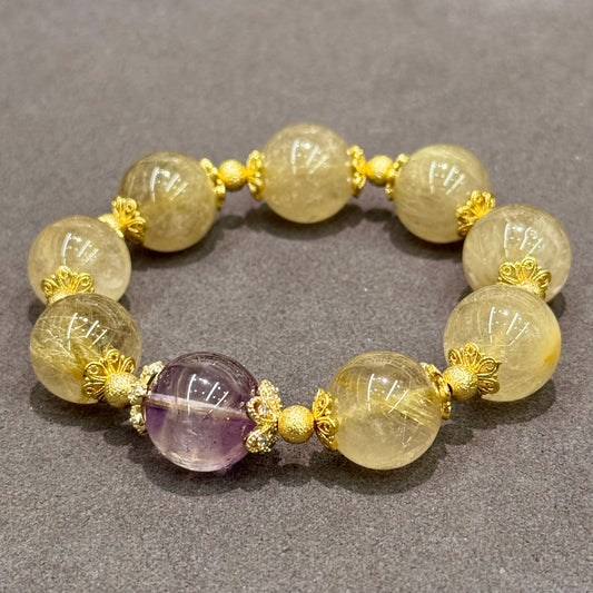 Golden Rutilated Quartz & Amethyst Bracelet - Soul of Gold & Violet