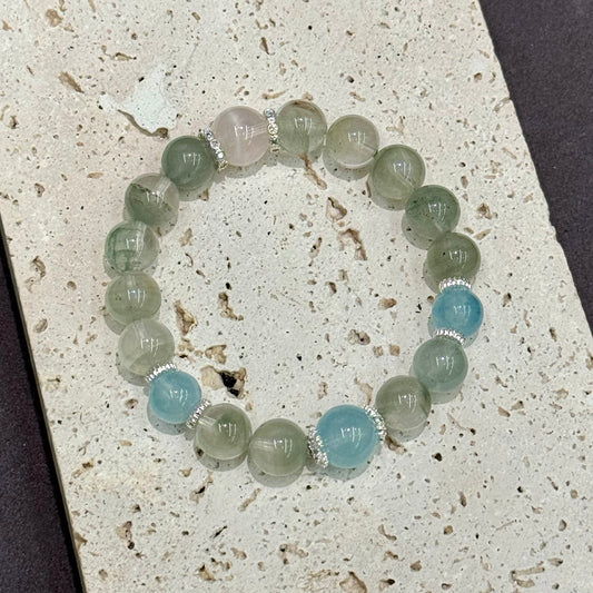 Snow, Green Phantom Quartz & Aquamarine Bracelet - Ocean and Misty Forest