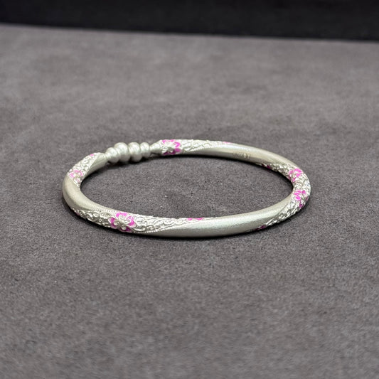 s999 Auspicious Fortune Blossom & Gourd Silver Bangle