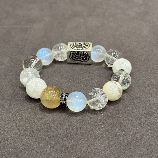 Golden Rutilated, Snow Phantom, Clear Quartz & Blue Moonstone Bracelet - Celestial Prosperity