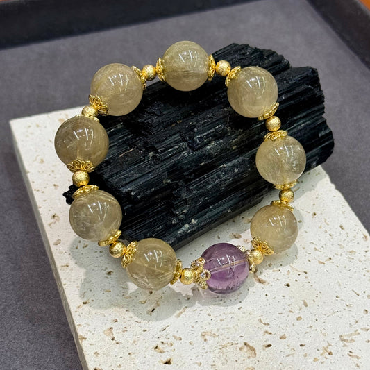 Golden Rutilated Quartz & Amethyst Bracelet - Golden Hour