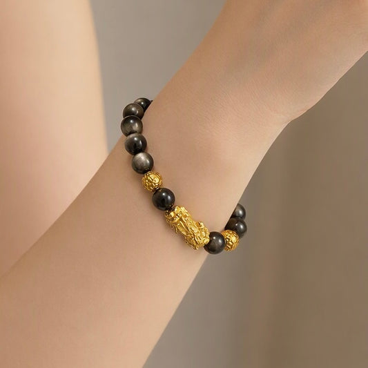 Silver Sheen Obsidian Pixiu & Gold Ball Bracelet 银曜石 貔貅 招财守护 - Silver Fortune 银曜守财