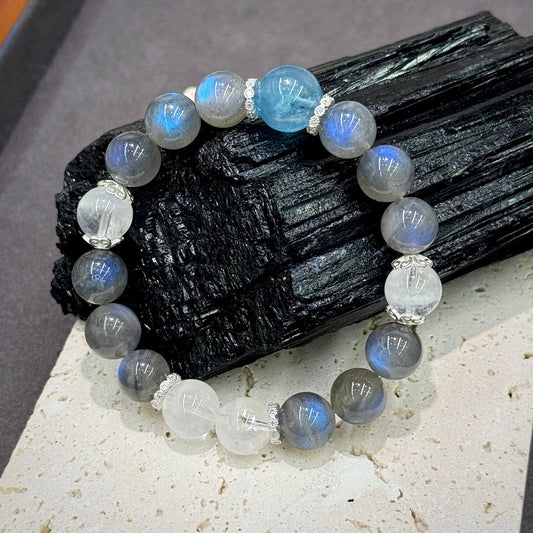 Aquamarine, Grey Moonstone, White Phantom Quartz & S925 Silver Bracelet - Ocean Whisper