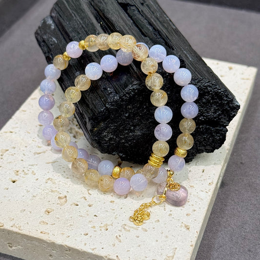 Golden Rutilated Quartz, Purple Jade Quartz & Amethyst Bracelet - Fortune Bag