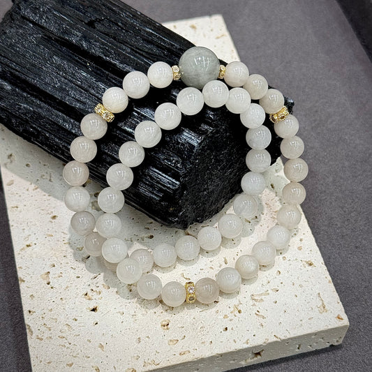 White & Grey Rabbit Hair Quartz Bracelet - Silver Whisper · Calm & Protection