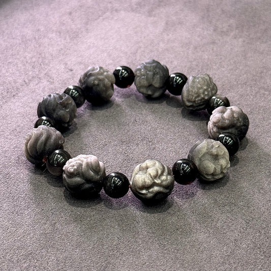 Silver Sheen Obsidian Nine-Tailed Fox Bracelet 银曜石九尾狐球 - Moonlit Fox 银月灵狐
