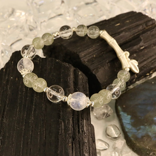 Green Phantom Quartz, Blue Moonstone & 925 Silver Bracelet - Verdant Moonlight Bamboo
