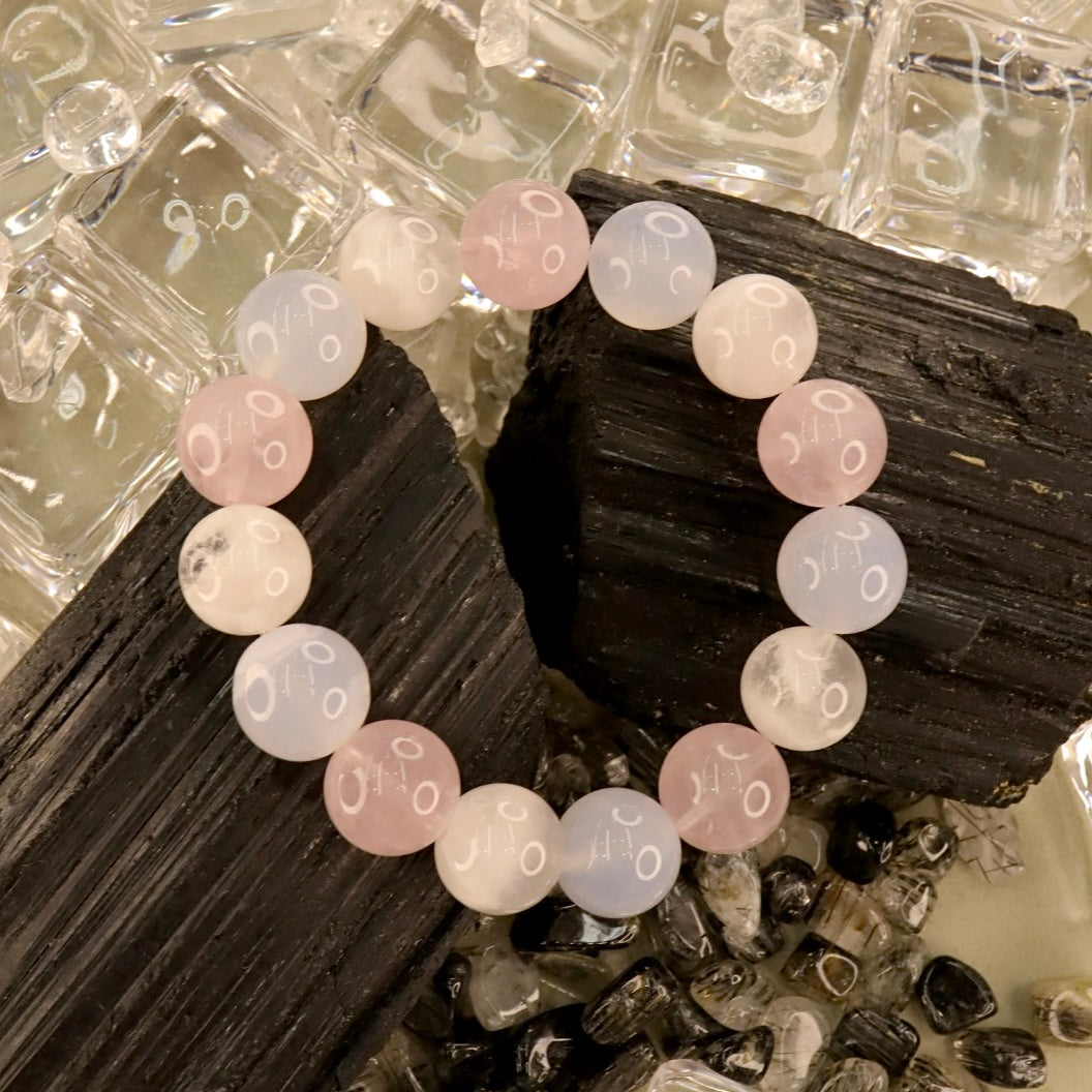 Rose Quartz, Snow Phantom Quartz & Agate Bracelet - Winter Blossom