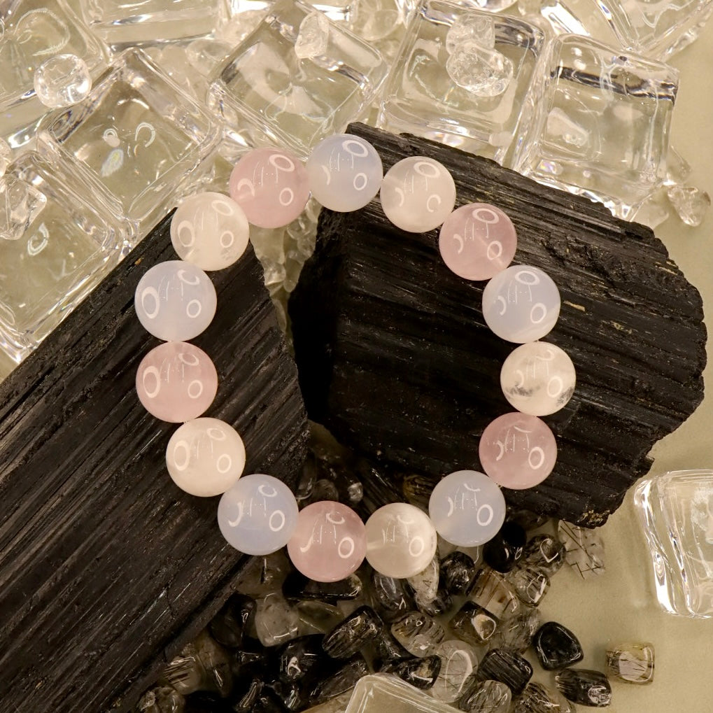 Rose Quartz, Snow Phantom Quartz & Agate Bracelet - Winter Blossom