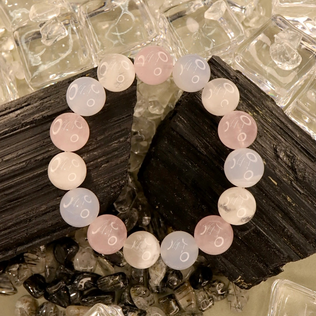 Rose Quartz, Snow Phantom Quartz & Agate Bracelet - Winter Blossom