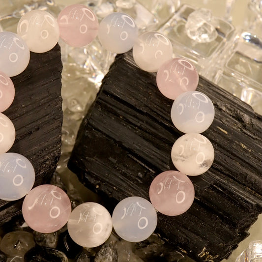 Rose Quartz, Snow Phantom Quartz & Agate Bracelet - Winter Blossom