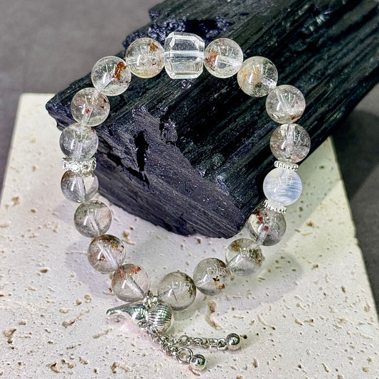 Phantom Quartz & Blue Moonstone Bracelet 幽灵水晶 蓝月光 白水晶 - Moonlit Growth 月影幽境 🌙🌿