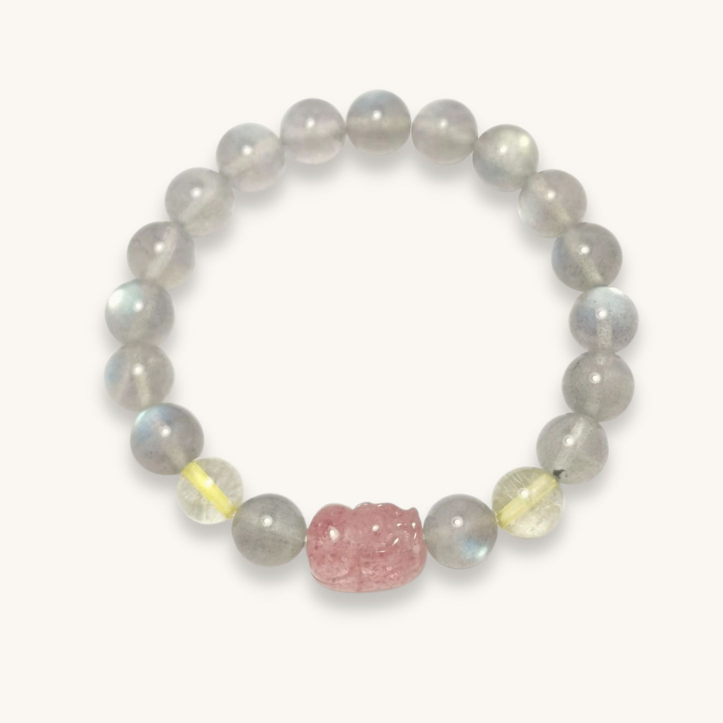 Pixiu - Rutilated Quartz Grey Moonstone & Strawberry Quartz Bracelet