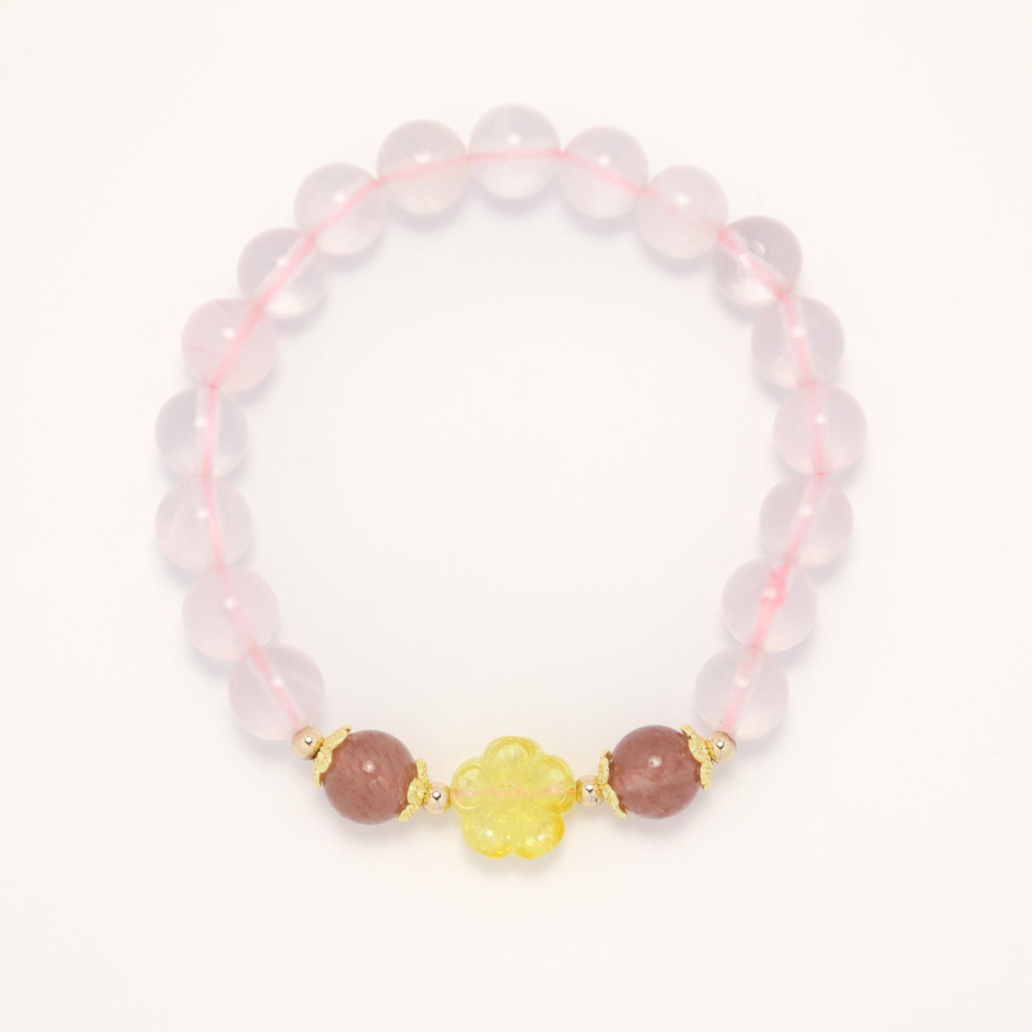 Love of Mei - Mozambique Rose Quartz & Strawberry Quartz Bracelet with Amber Pendant