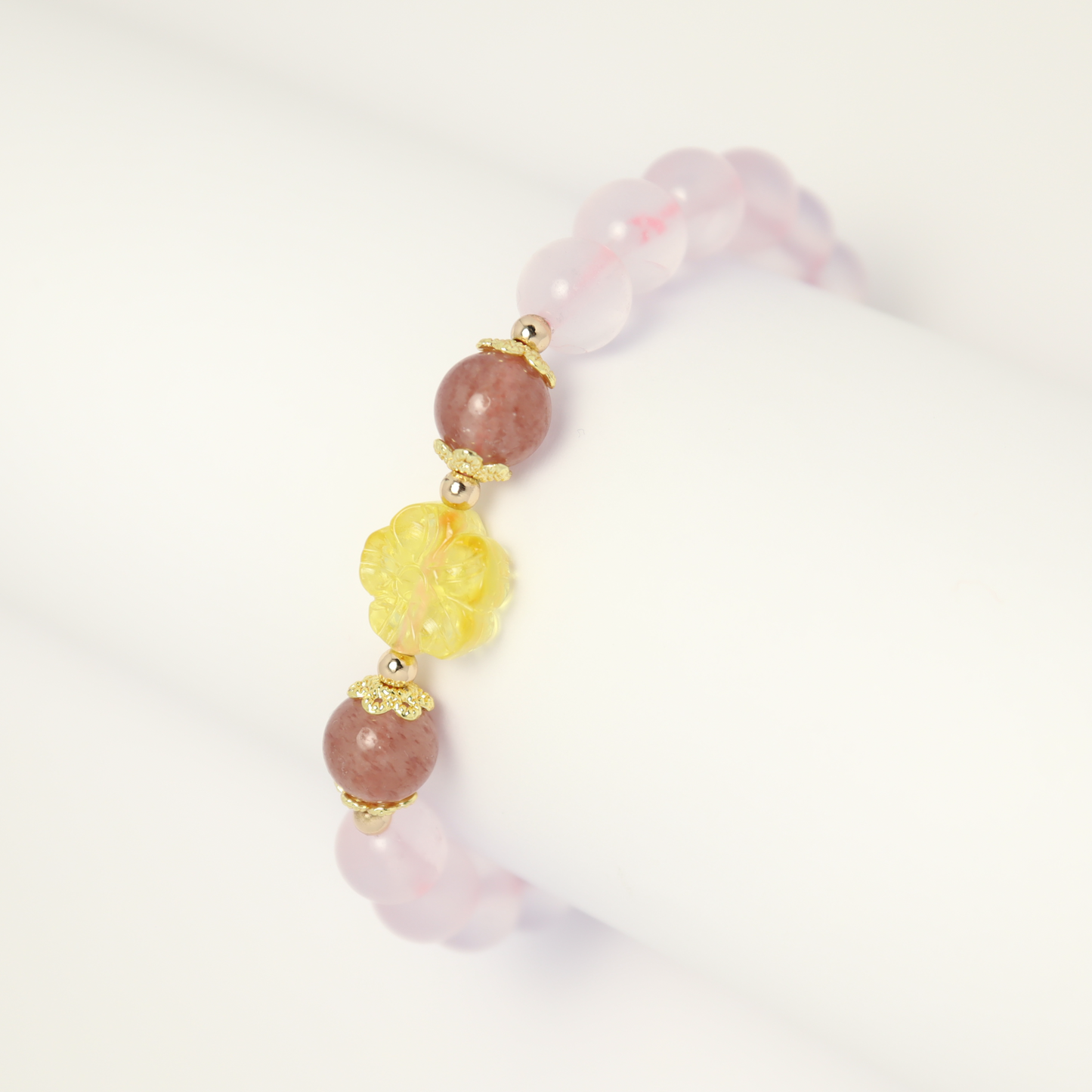 Love of Mei - Mozambique Rose Quartz & Strawberry Quartz Bracelet with Amber Pendant