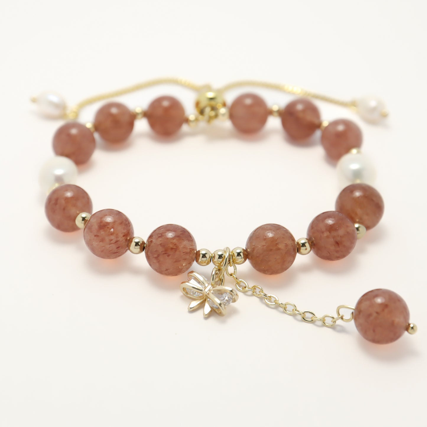 Chloe Desire - Strawberry Quartz & Freshwater Pearl Bracelet with Adjustable Chain