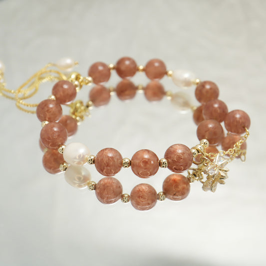 Chloe Desire - Strawberry Quartz & Freshwater Pearl Bracelet with Adjustable Chain