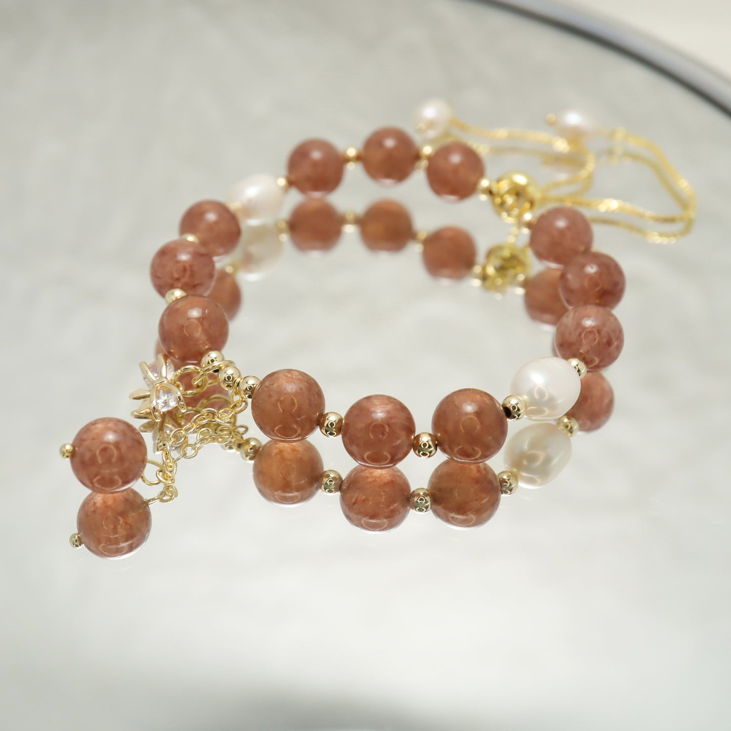 Chloe Desire - Strawberry Quartz & Freshwater Pearl Bracelet with Adjustable Chain