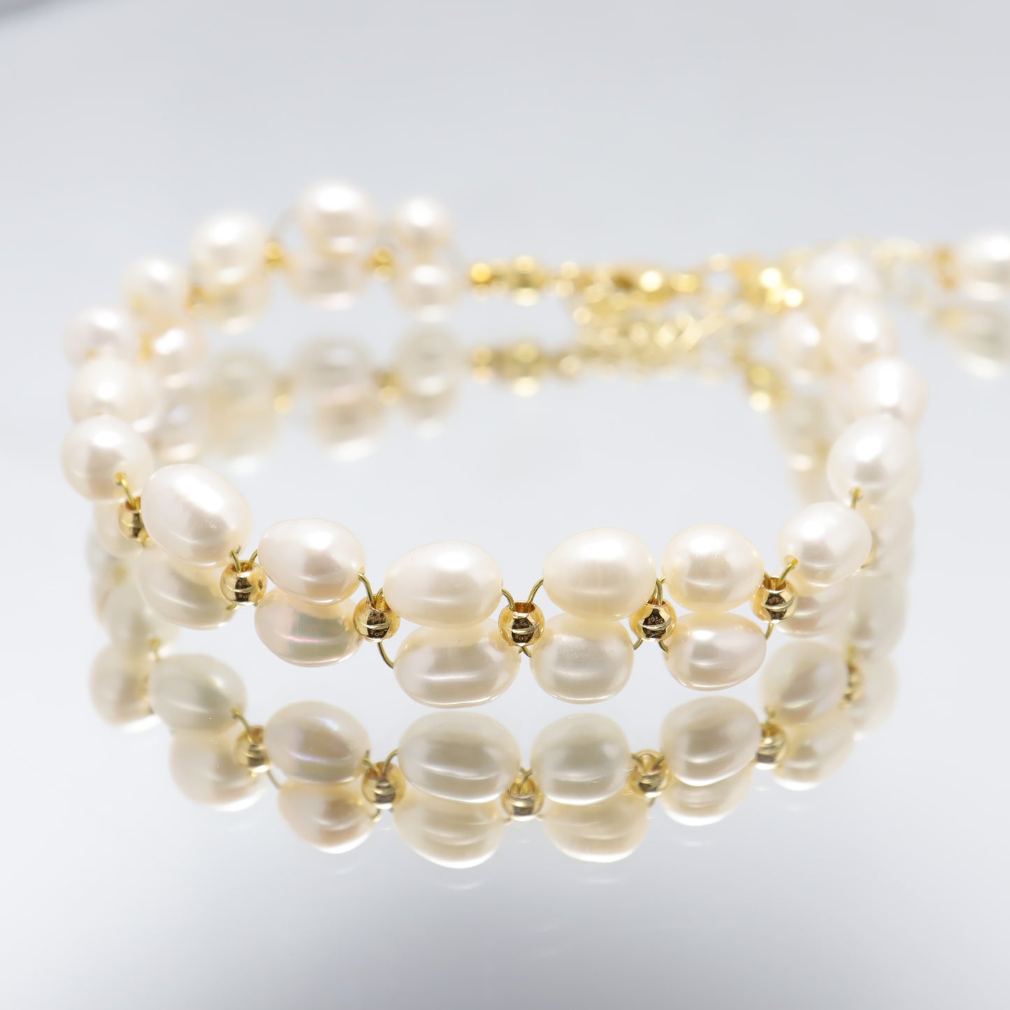 Blooming Flowers - Vintage Double Strand Freshwater Pearl Bracelet With Adjustable Chain