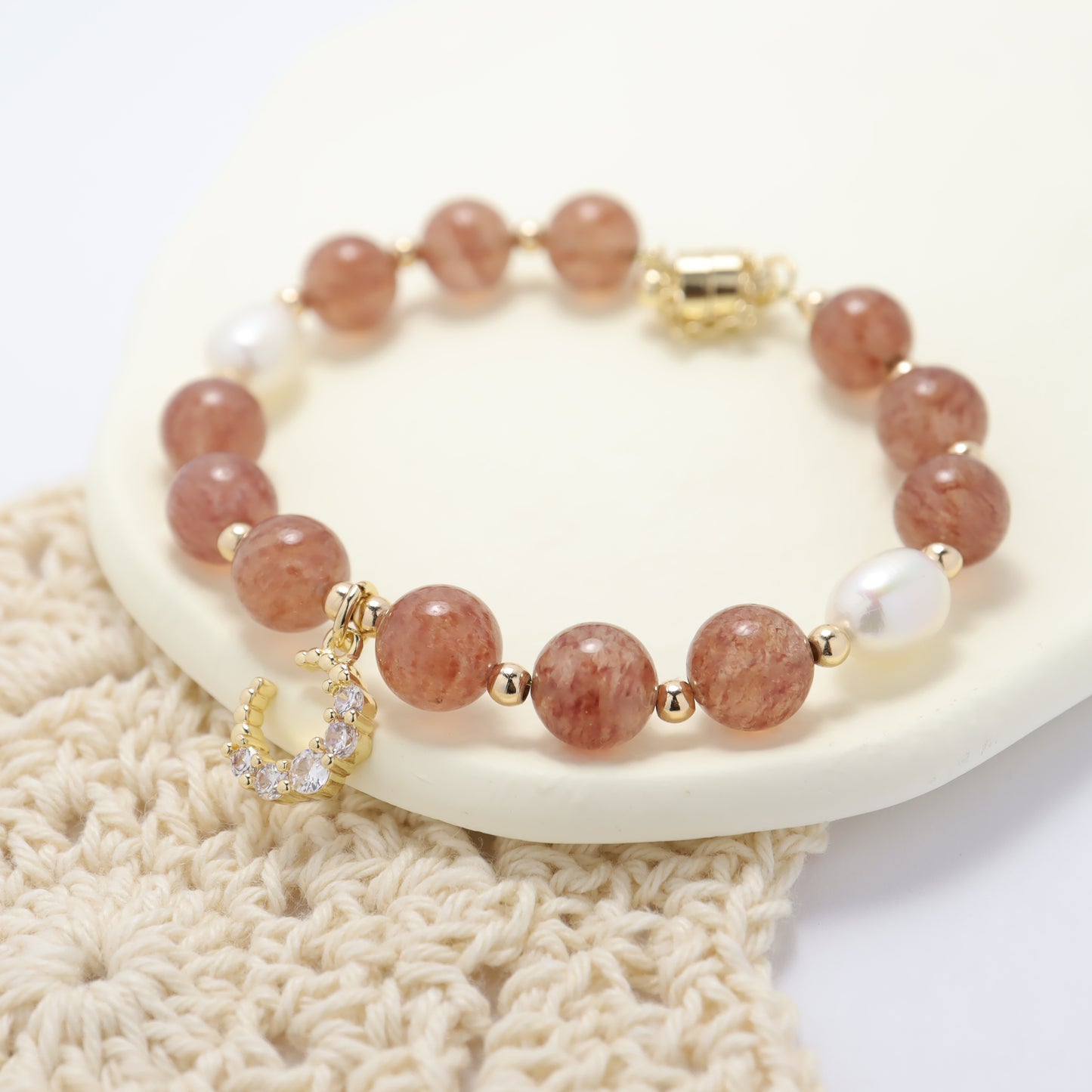 Miss U - Zircon Moon Strawberry Quartz Freshwater Pearl Bracelet