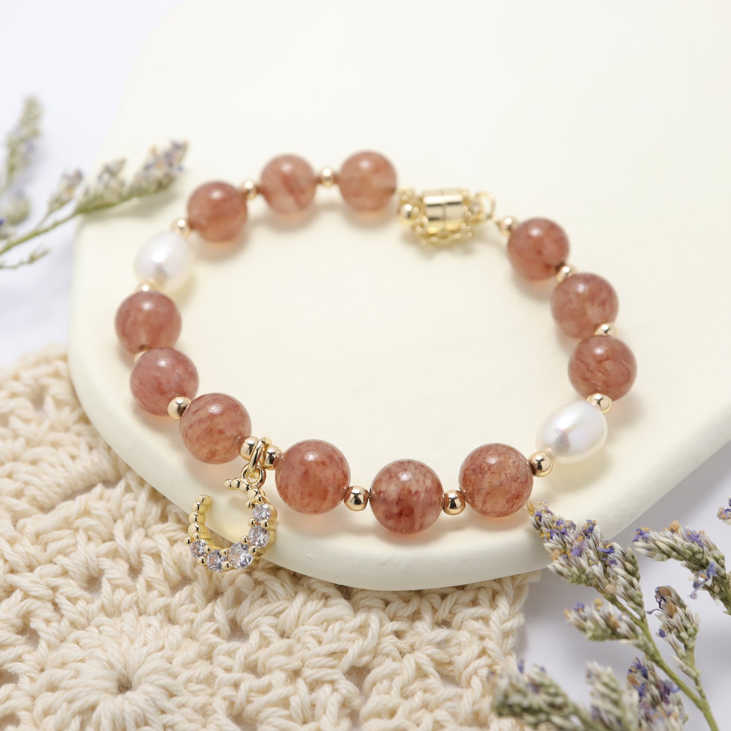 Miss U - Zircon Moon Strawberry Quartz Freshwater Pearl Bracelet