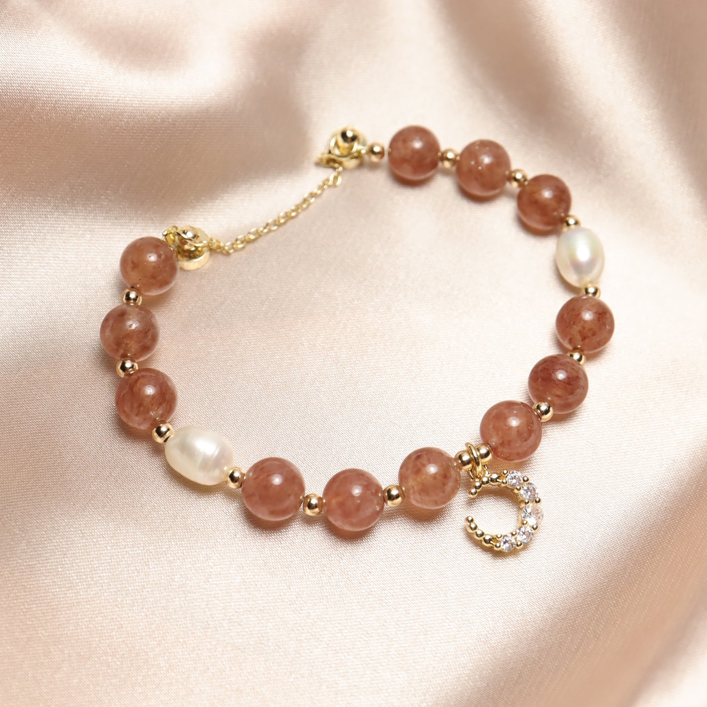 Miss U - Zircon Moon Strawberry Quartz Freshwater Pearl Bracelet