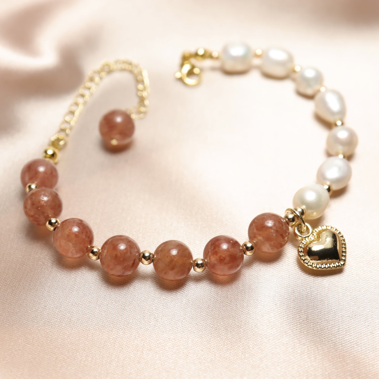 Only U - Heart Drop Strawberry Quartz & Freshwater Pearl Bracelet with Adjustable Chain