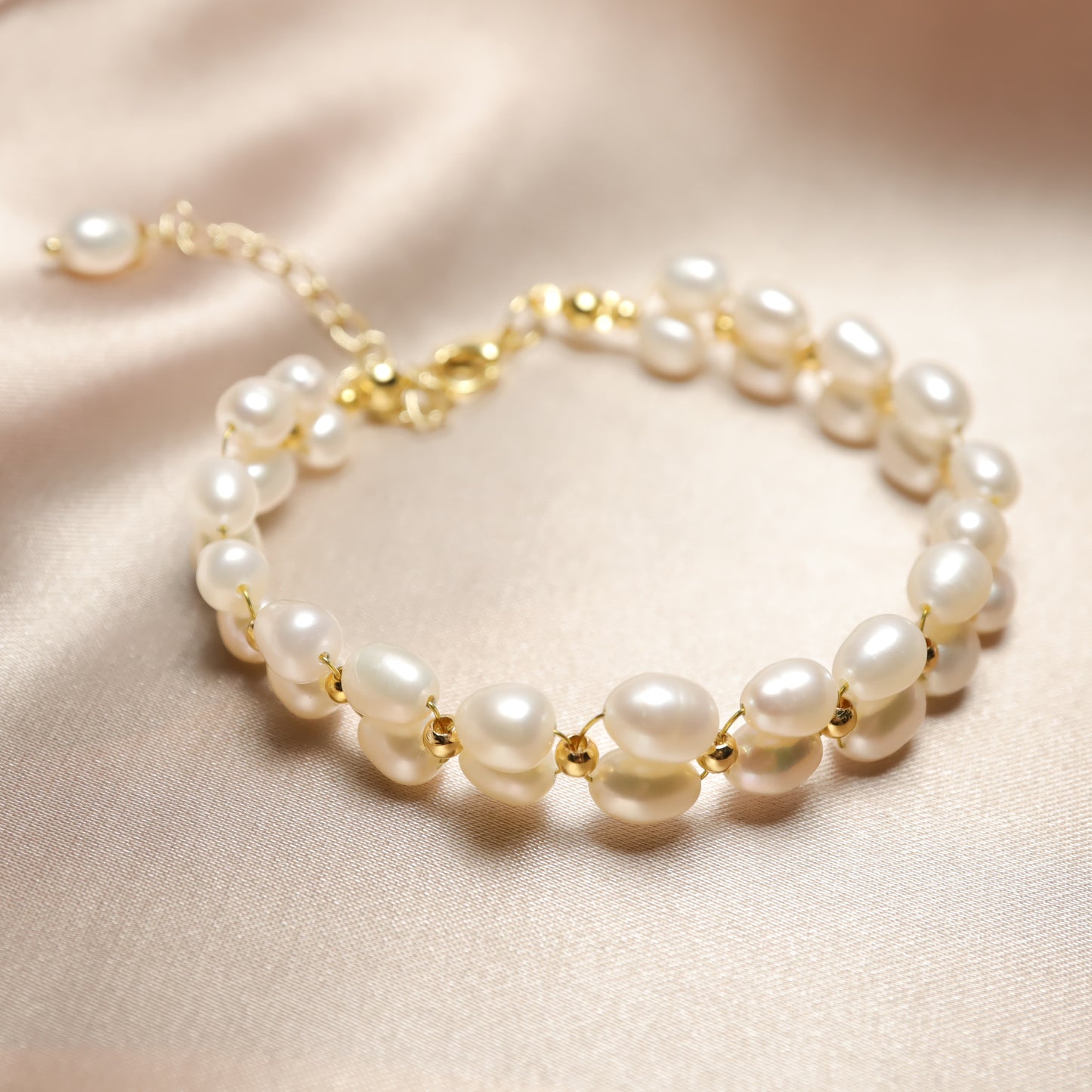 Blooming Flowers - Vintage Double Strand Freshwater Pearl Bracelet With Adjustable Chain