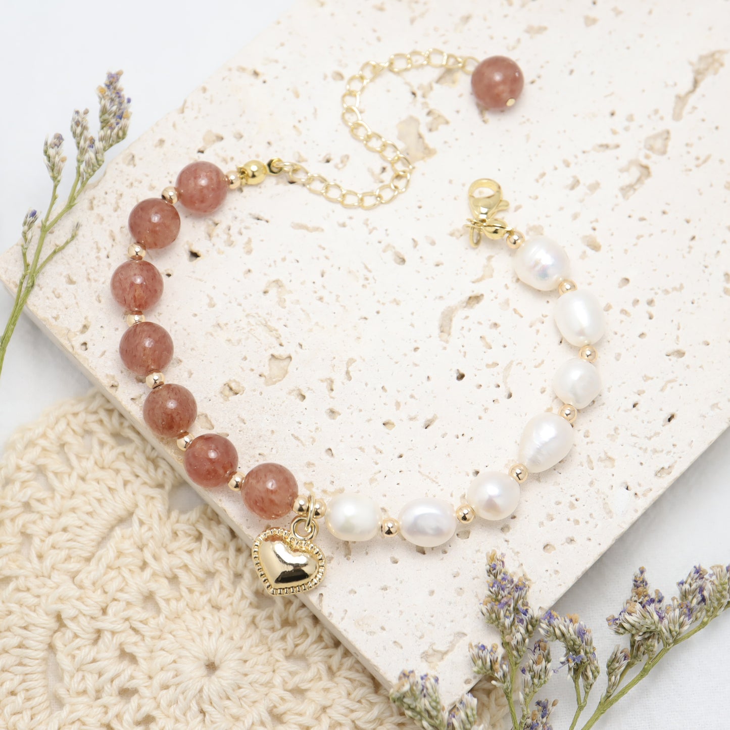Only U - Heart Drop Strawberry Quartz & Freshwater Pearl Bracelet with Adjustable Chain