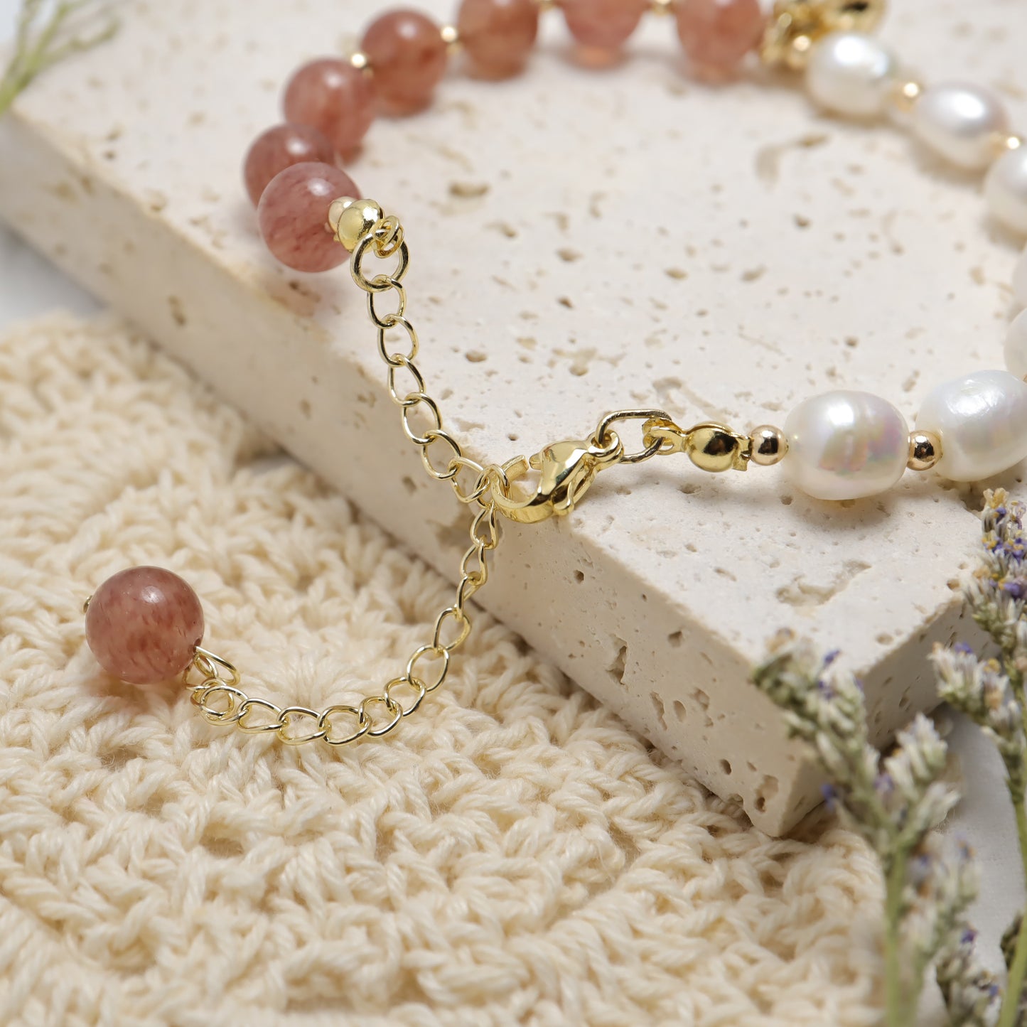 Only U - Heart Drop Strawberry Quartz & Freshwater Pearl Bracelet with Adjustable Chain