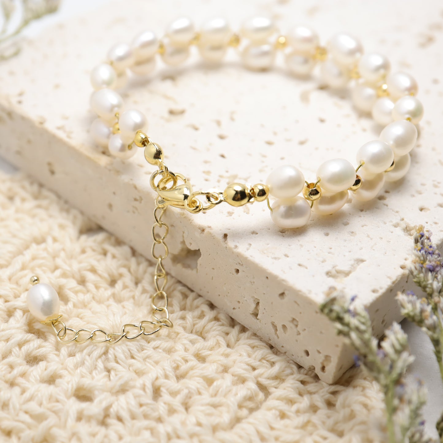 Blooming Flowers - Vintage Double Strand Freshwater Pearl Bracelet With Adjustable Chain