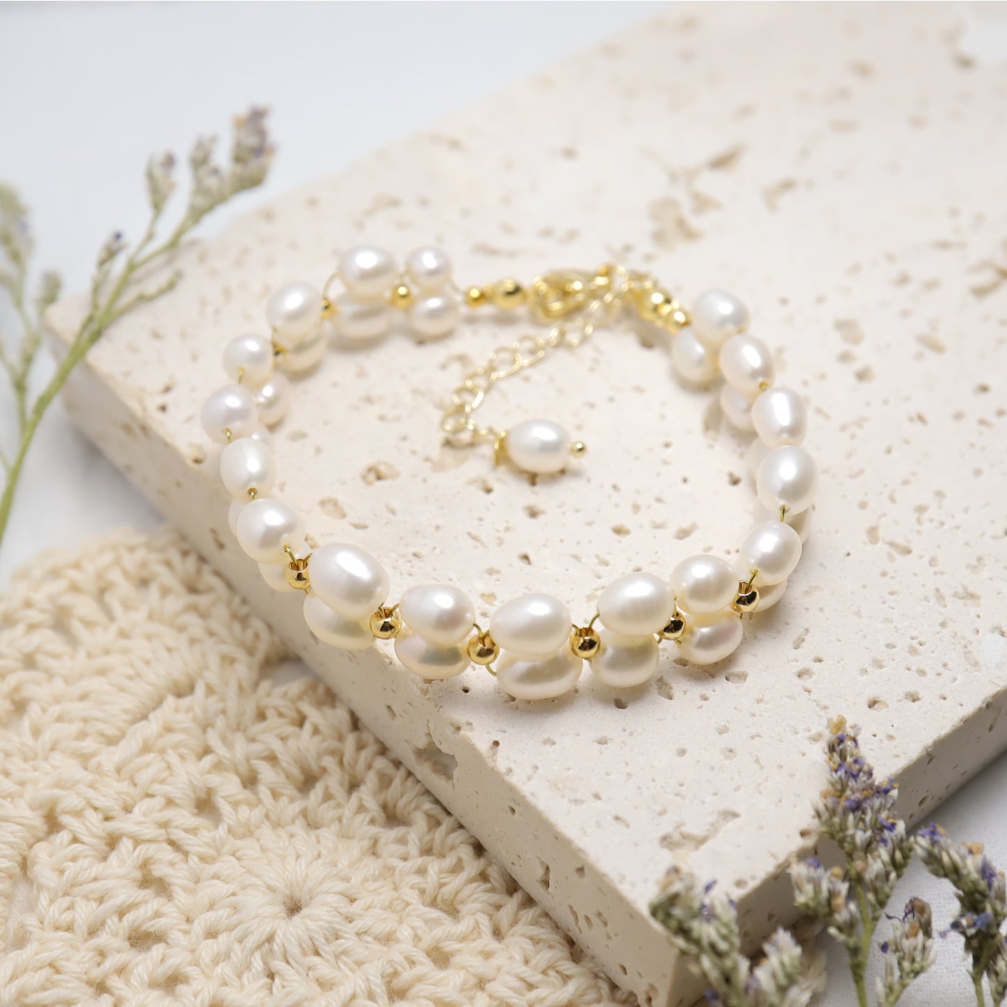 Blooming Flowers - Vintage Double Strand Freshwater Pearl Bracelet With Adjustable Chain