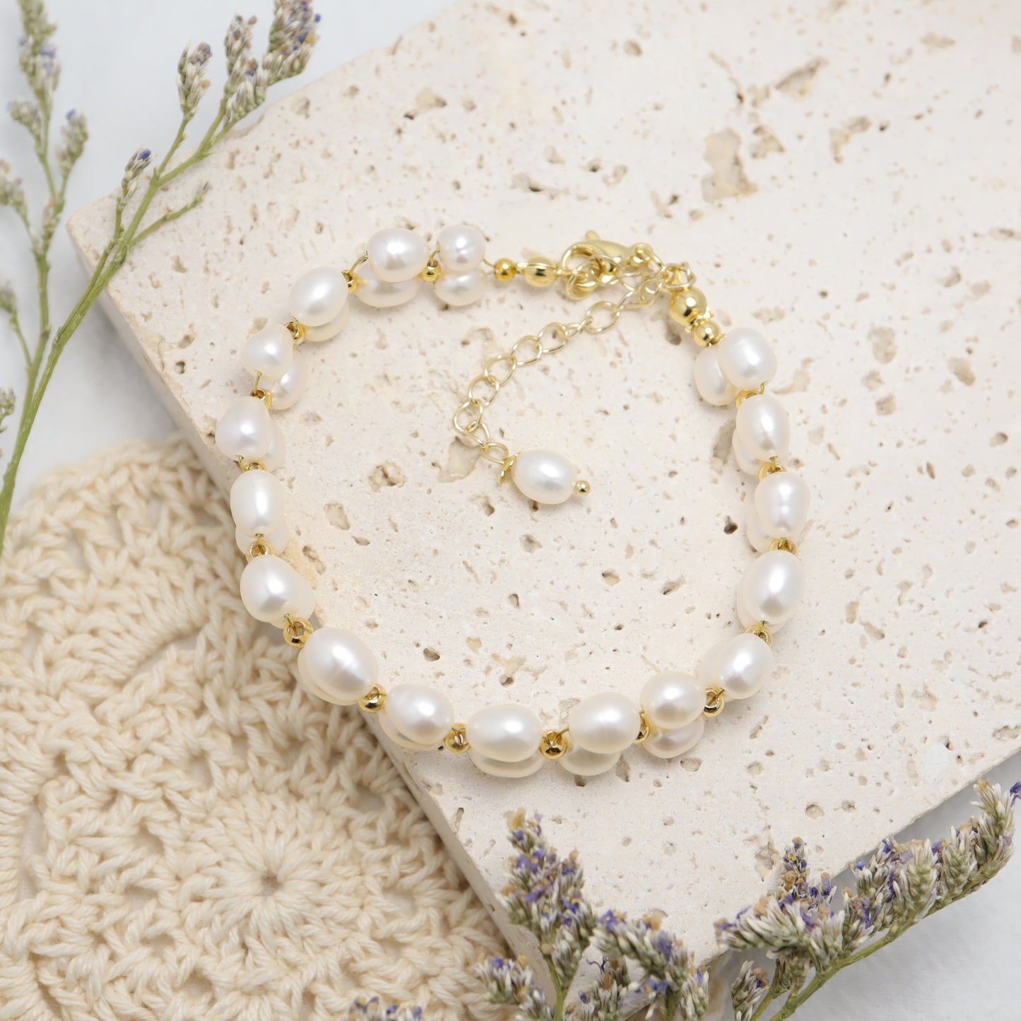 Blooming Flowers - Vintage Double Strand Freshwater Pearl Bracelet With Adjustable Chain