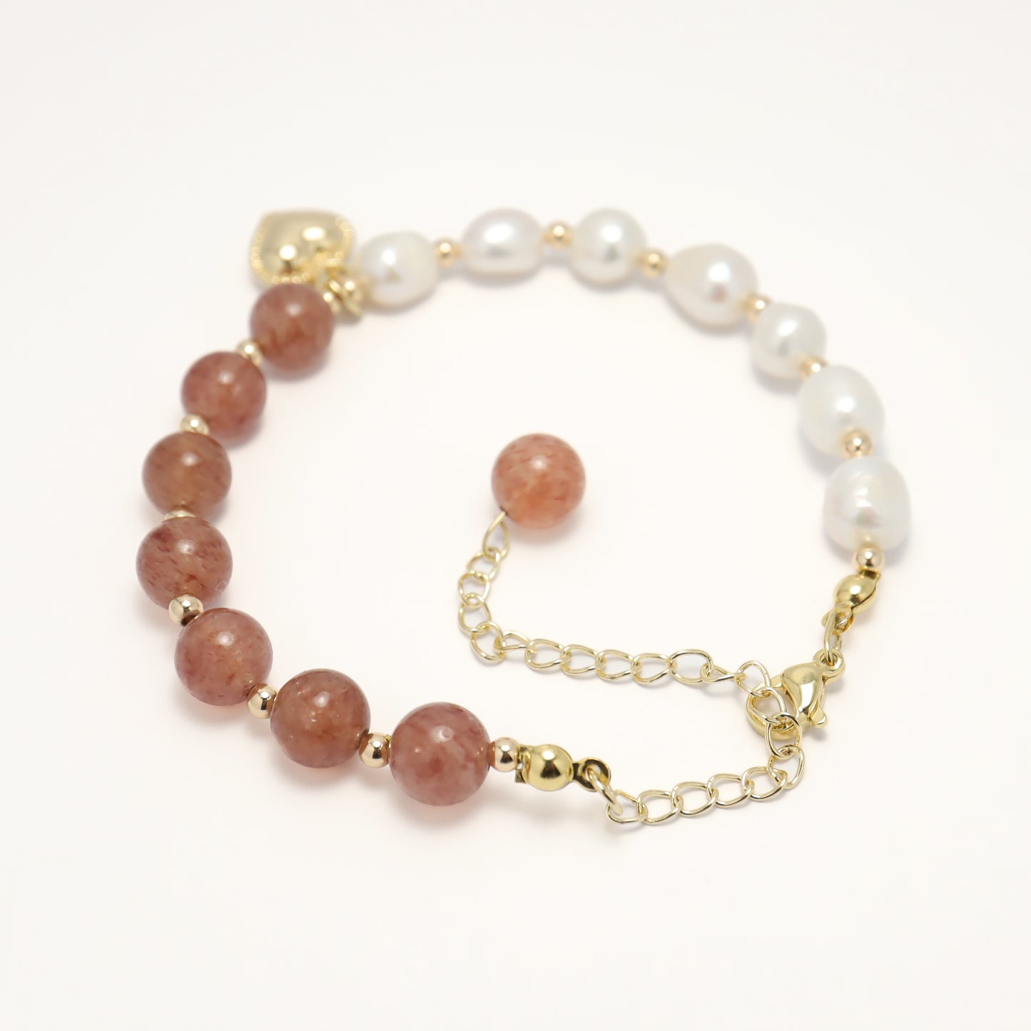 Only U - Heart Drop Strawberry Quartz & Freshwater Pearl Bracelet with Adjustable Chain