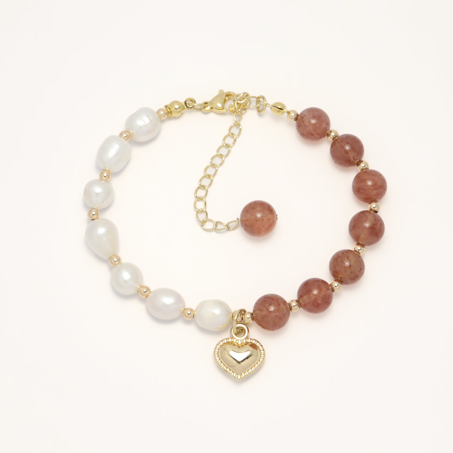 Only U - Heart Drop Strawberry Quartz & Freshwater Pearl Bracelet with Adjustable Chain