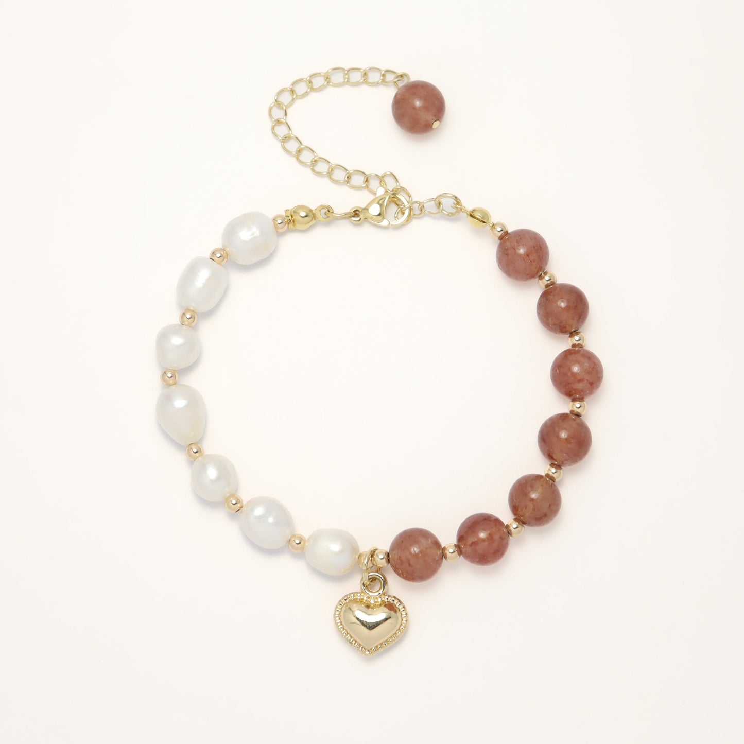 Only U - Heart Drop Strawberry Quartz & Freshwater Pearl Bracelet with Adjustable Chain