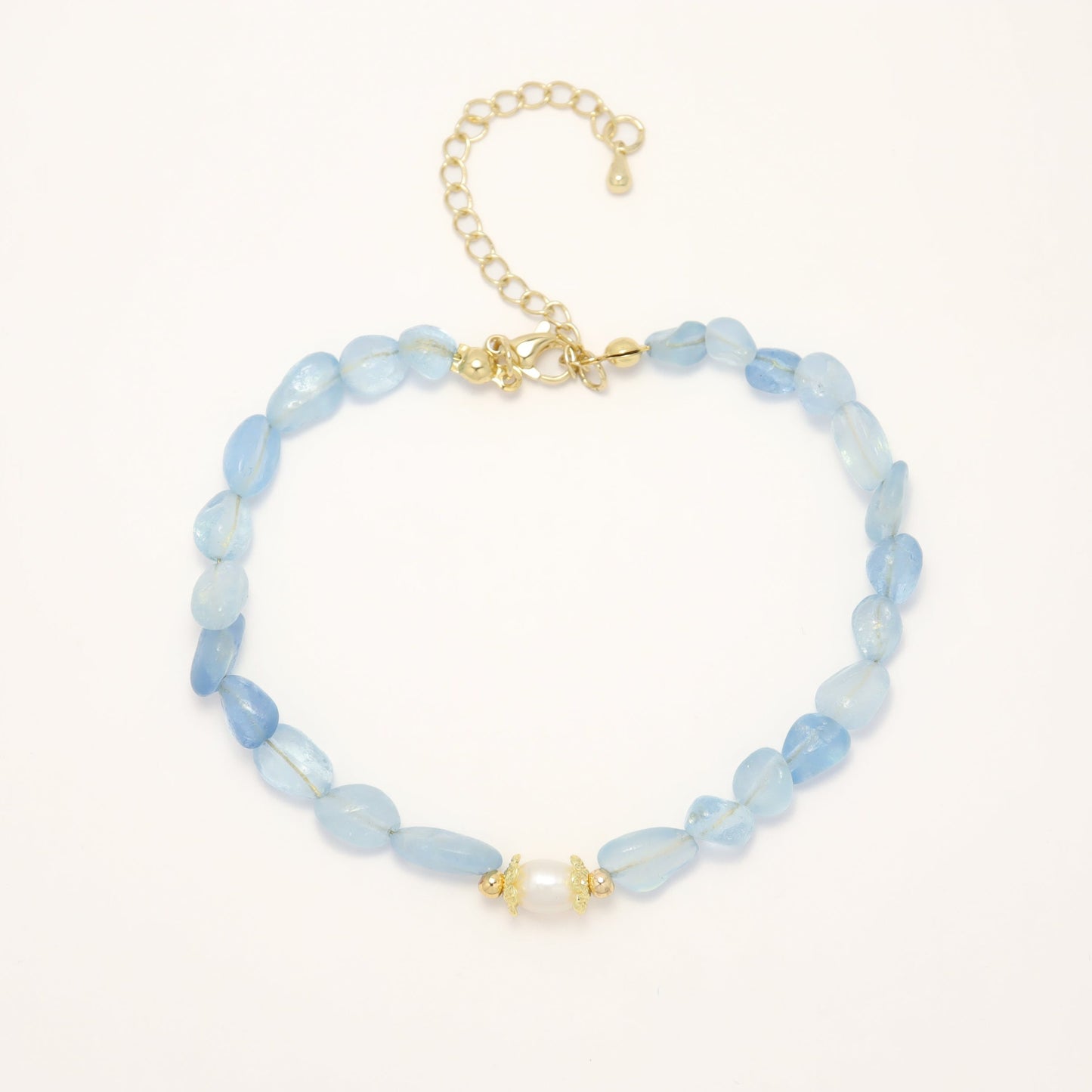 Ocean Star - Irregular Shape Aquamarine & Freshwater Pearl Bracelet With Adjustable Chain