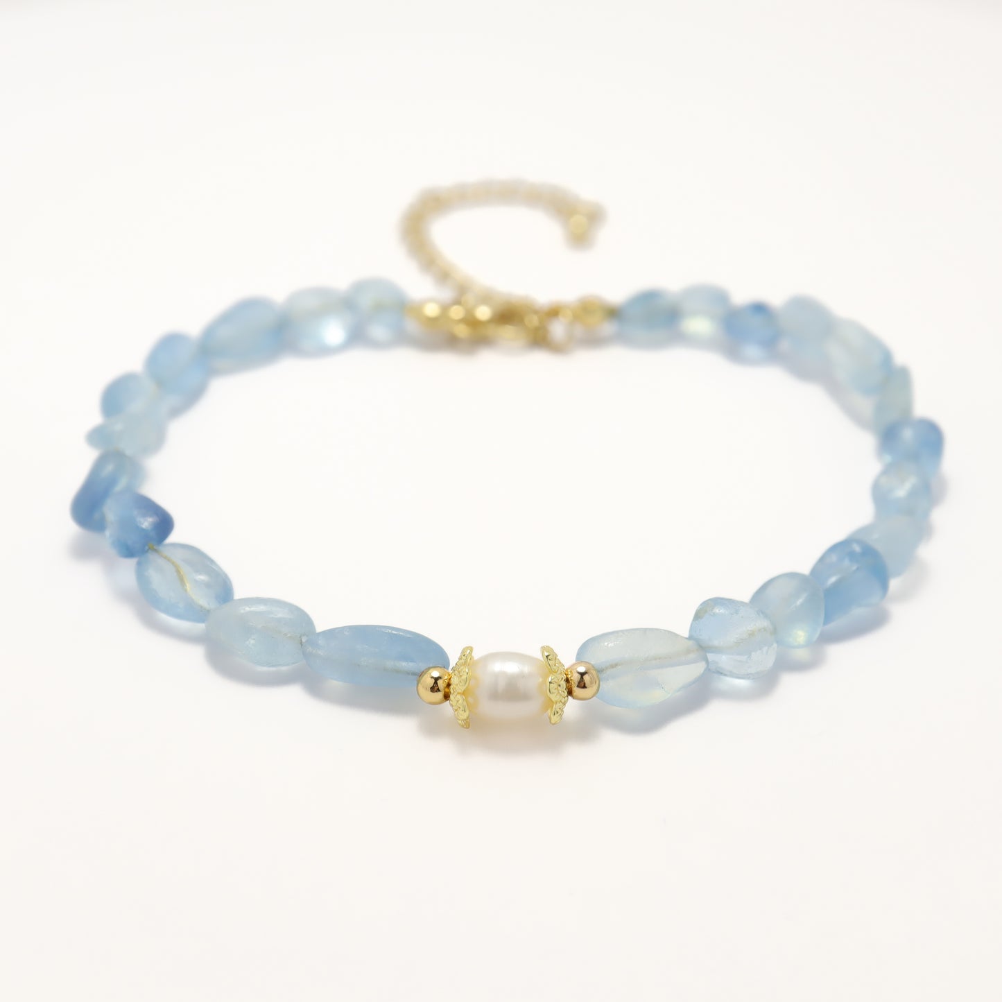 Ocean Star - Irregular Shape Aquamarine & Freshwater Pearl Bracelet With Adjustable Chain