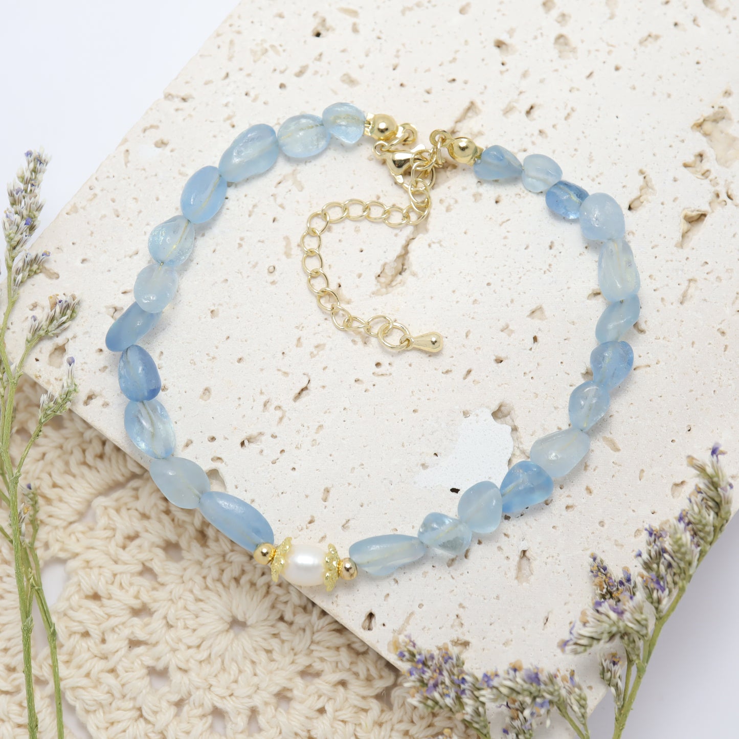 Ocean Star - Irregular Shape Aquamarine & Freshwater Pearl Bracelet With Adjustable Chain