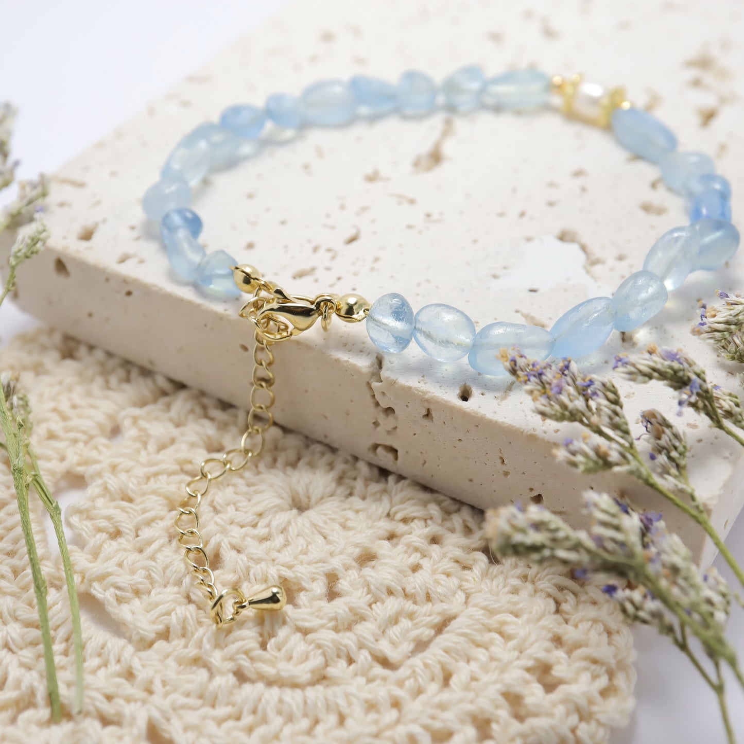 Ocean Star - Irregular Shape Aquamarine & Freshwater Pearl Bracelet With Adjustable Chain