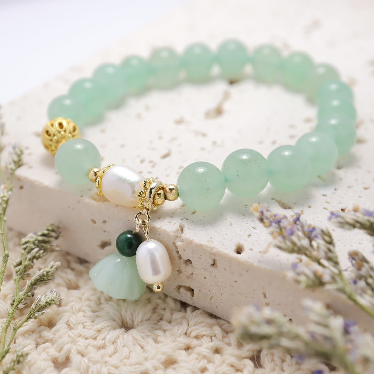 Purity & Love - Aventurine Lotus Seedpod Gemstones Freshwater Pearl Bracelet
